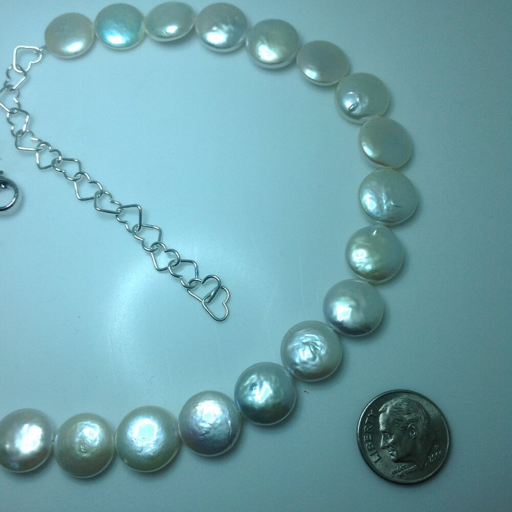 Silver White Freshwater Coin Pearl Necklace - Picture 5 of 6